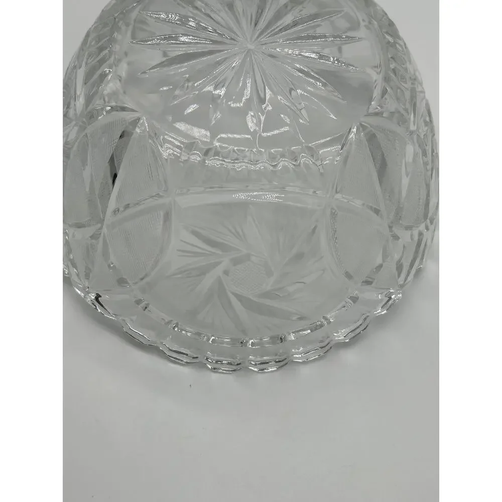 Vintage Cut Glass Crystal Bowl 9” Round Scalloped Edge Starburst Floral